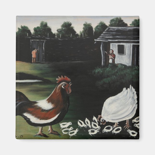 Imán Hen con sus garzas en un paisaje rural de huertos (Frente)