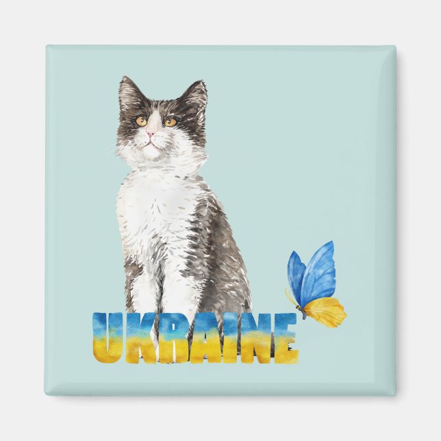Imán Hermosa acuarela Ucrania gato y mariposa (Frente)