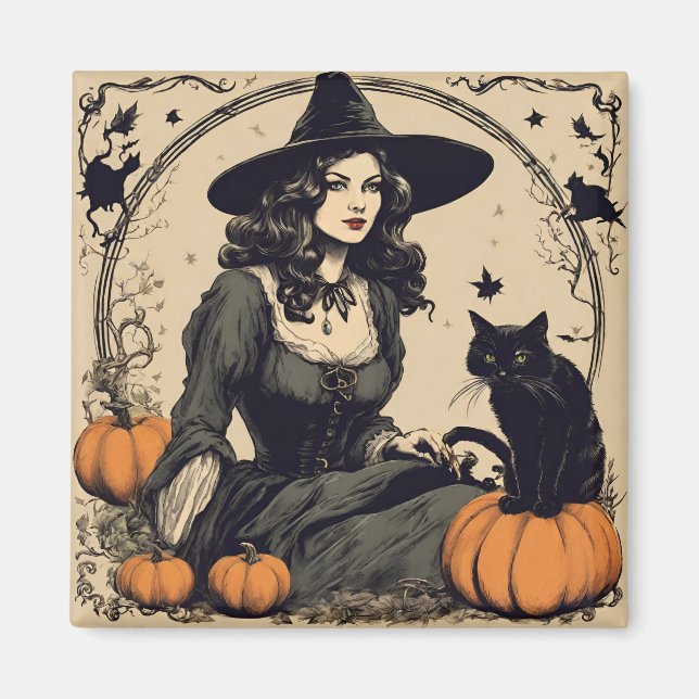 Imán Hermosa bruja de Halloween de época con gato negro (Frente)