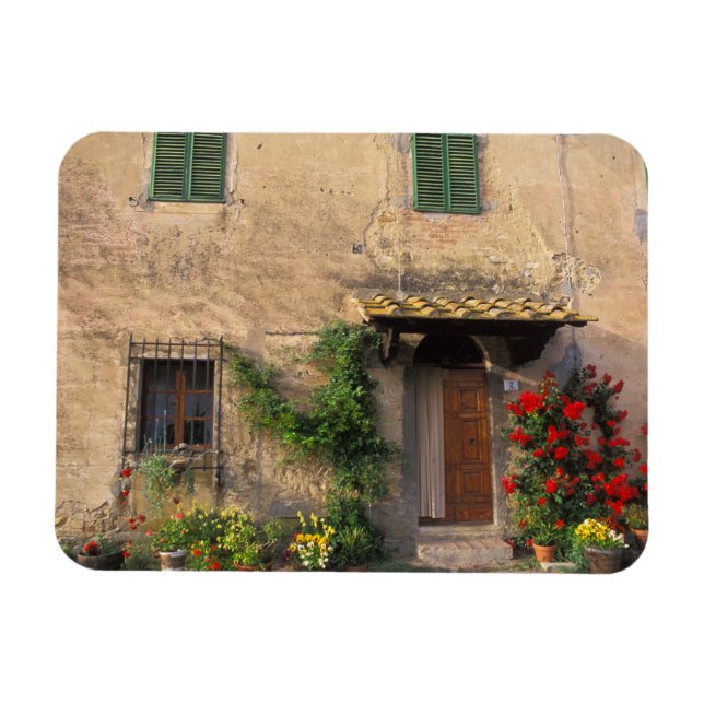 Imán Hermosa casa antigua con flores en San Gimignano (Horizontal)