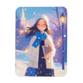 Imán Hermosa chica caminando por la calle en invierno