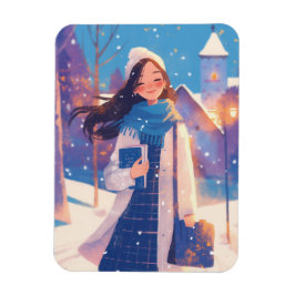 Imán Hermosa chica caminando por la calle en invierno