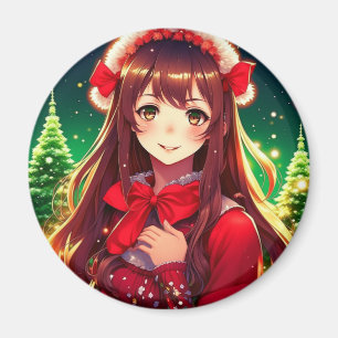 Imán Hermosa chica de anime en Navidad festiva roja