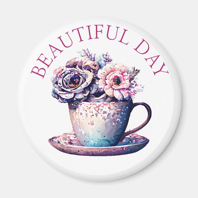 Imán Hermosa Copa de Bonito de Té de Flores (Frente)