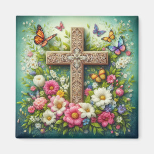 Imán Hermosa cruz floral de Pascua con mariposas