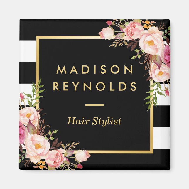 Imán Hermosa floral rosa blanco negro rayado (Frente)