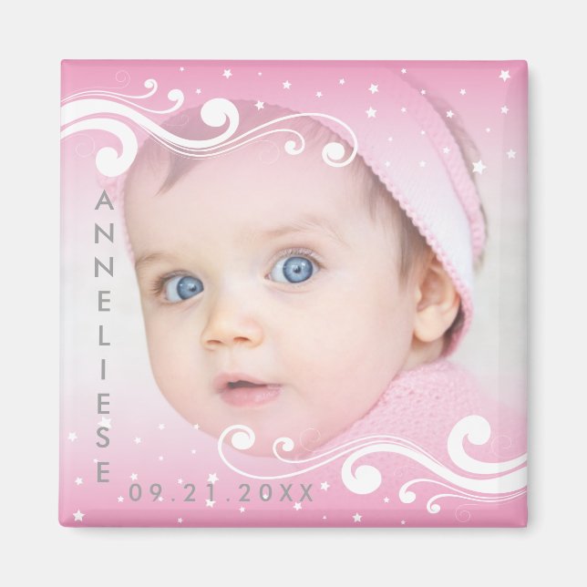Imán Hermosa foto de una niña bebé con nombre y fecha (Frente)
