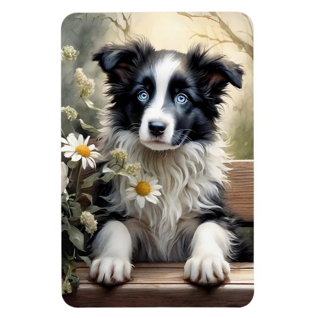 Imán Hermosa frontera Collie Dog Flowers Refrigerador (Vertical)