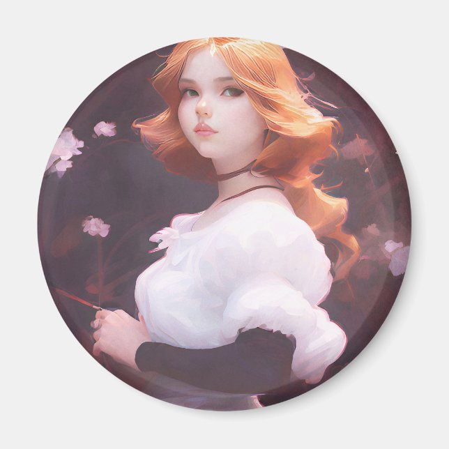 Imán Hermosa joven Chica entre retrato de flores rosas (Frente)