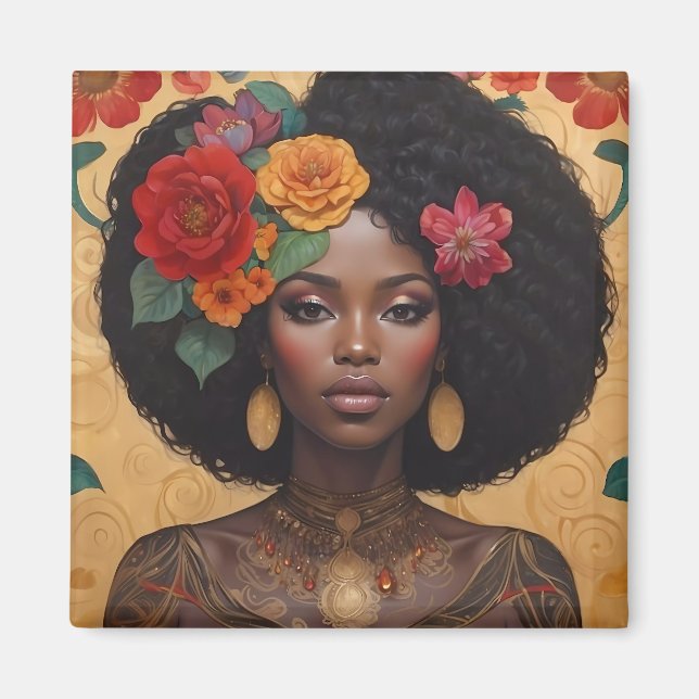Imán Hermosa mujer afroamericana con flores (Frente)