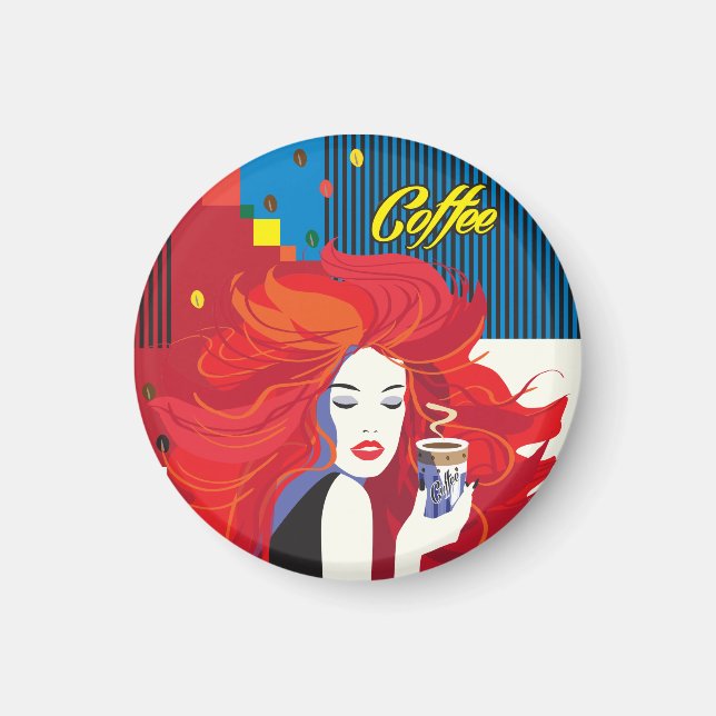 Imán "Hermosa mujer de moda con Copa de Café" Arte pop (Frente)