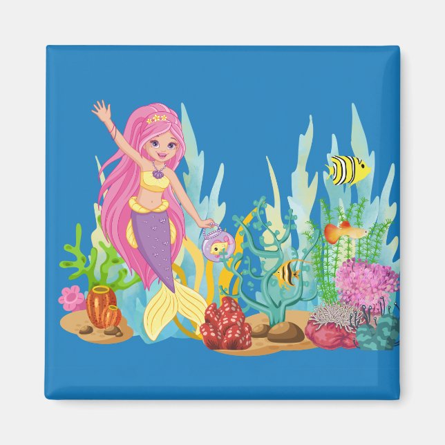 Imán Hermosa sirena PINK PELO jugando en el mar (Frente)