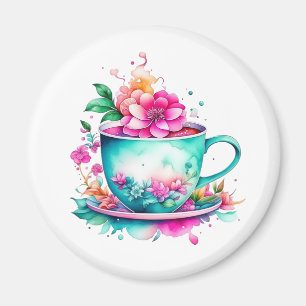 Imán Hermosa taza de café vintage con flores rosadas