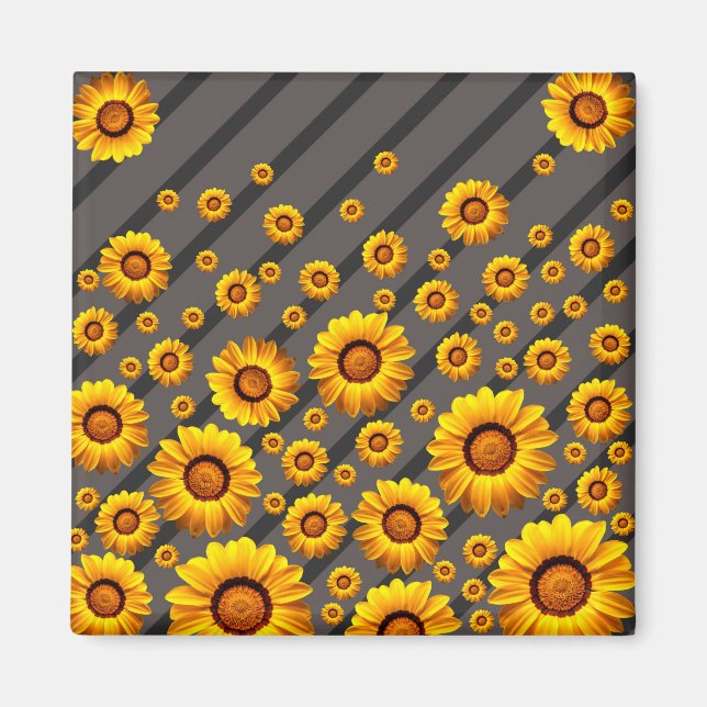 Imán Hermosas flores amarillas sobre rayas grises y neg (Frente)