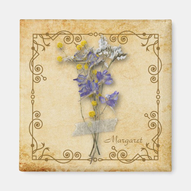 Imán Hermosas flores beige secas de época con nombre (Frente)