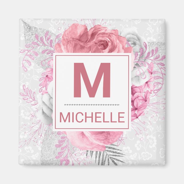Imán Hermosas flores rosadas, blancas y plateadas con m (Frente)