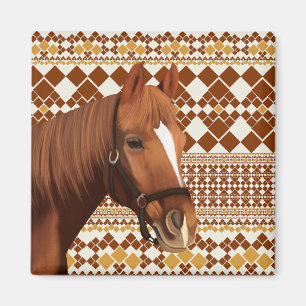 Imán Hermoso caballo marrón en patrón geométrico terres