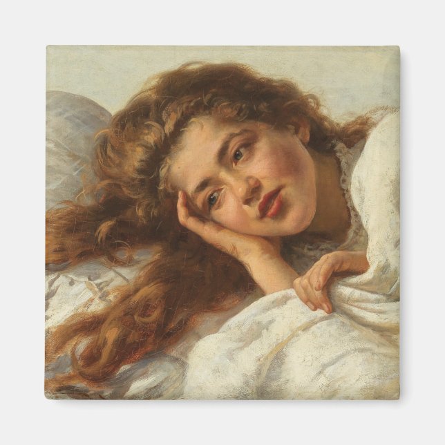 Imán Hermoso Chica en cama con pelo rojo (Frente)