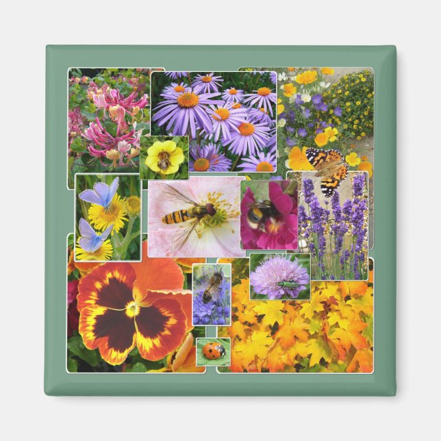 Imán Hermoso Collage de flores de verano e insectos (Frente)
