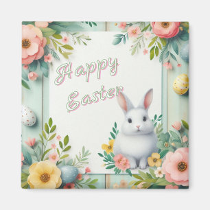Imán Hermoso conejito de Pascua con flores