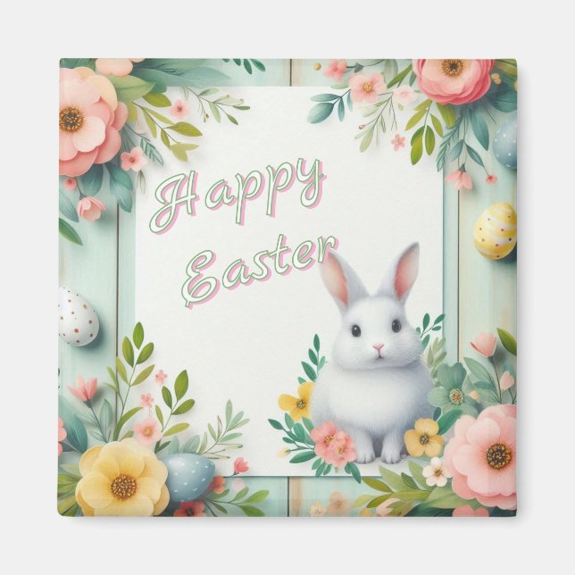 Imán Hermoso conejito de Pascua con flores (Frente)