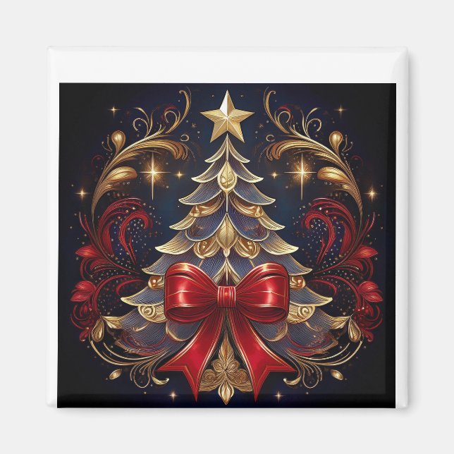 Imán Hermoso diseño de cinta roja de árbol de Navidad (Frente)