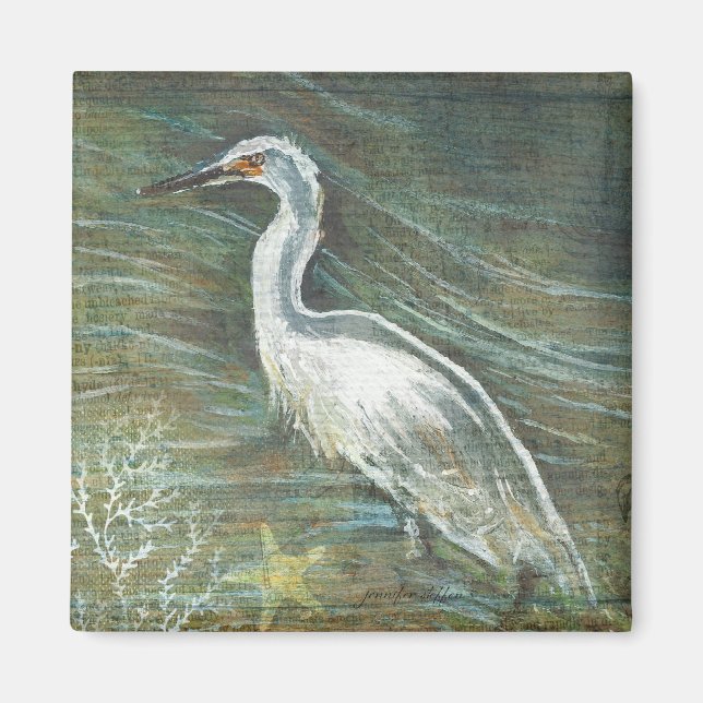 Imán Hermoso Egret Shorebird Beach House Art (Frente)