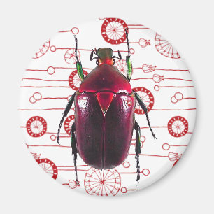 Imán Hermoso escarabajo rojo sobre floral retro