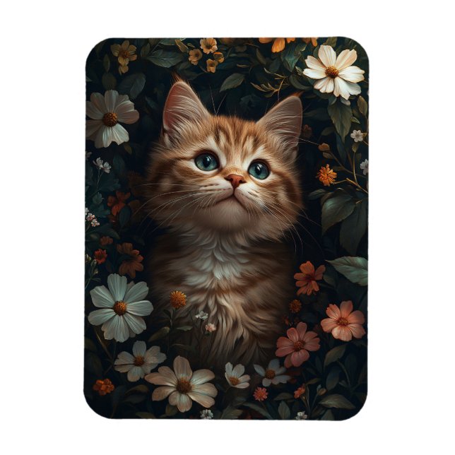 Imán Hermoso gatito naranja con flores silvestres (Vertical)