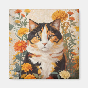 Imán Hermoso Gato Calico Con Flores Marigold
