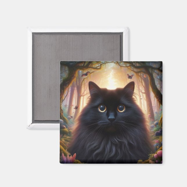 Imán Hermoso Gato Negro Fluffy con Ojos de Oro (Anverso/Reverso)