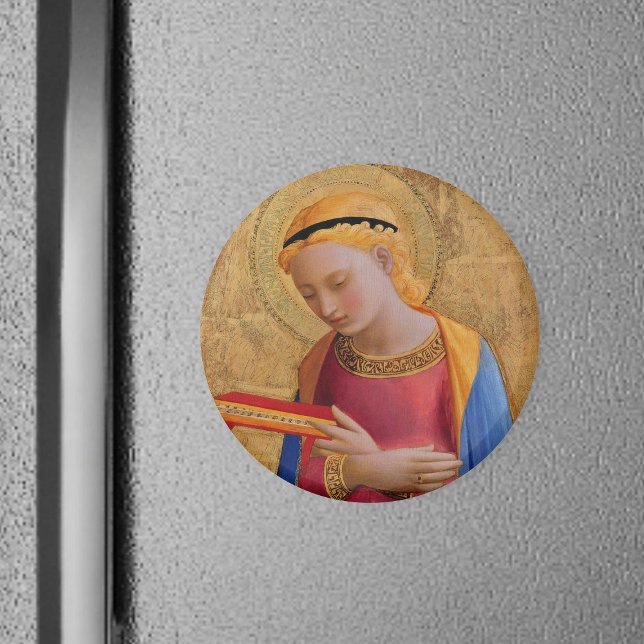 Imán Hermoso libro sagrado Ángel Vintage cristiano (Holy Angel Christian figure holy book golden halo in pink dress on round magnet.)