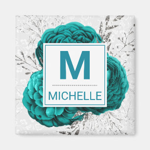Imán Hermoso monograma de flores con brillo teal y plat