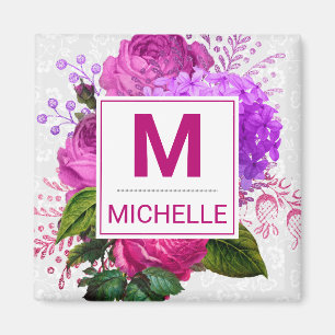 Imán Hermoso Monograma de Flores Rosa y Púrpura