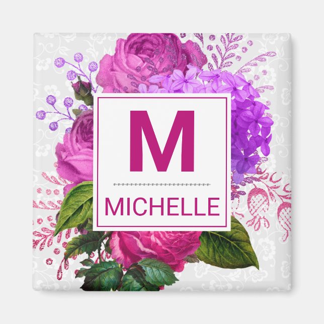 Imán Hermoso Monograma de Flores Rosa y Púrpura (Frente)