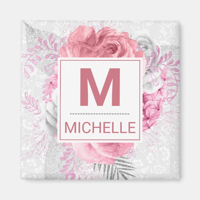Imán Hermoso Monograma de flores rosadas, blancas y pla (Frente)