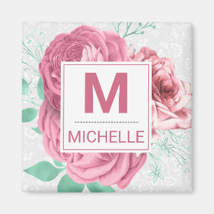 Imán Hermoso Monograma de Rosas de Jardín Rosa