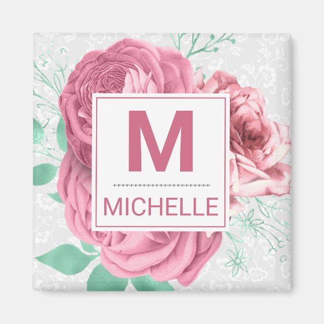 Imán Hermoso Monograma de Rosas de Jardín Rosa (Frente)
