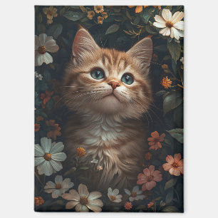 Imán Hermoso Naranja Kitten con flores silvestres