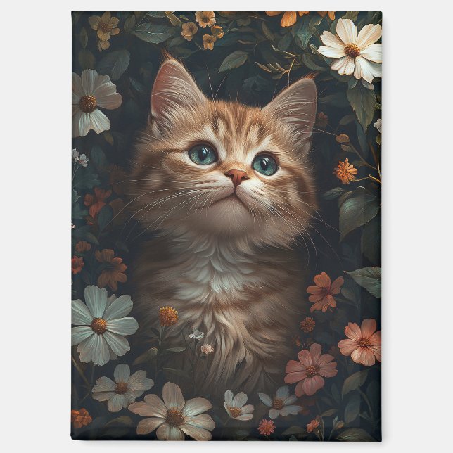 Imán Hermoso Naranja Kitten con flores silvestres (Anverso)