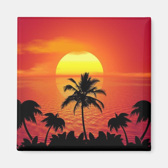 Imán Hermoso Sunset Scene Palm Trees Guay brillante (Frente)