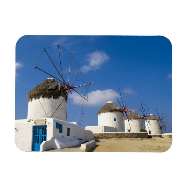 Imán Hermosos molinos de viento en la isla de Mykonos, (Horizontal)