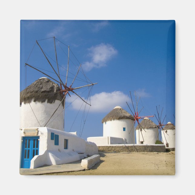 Imán Hermosos molinos de viento en la isla de Mykonos, (Frente)