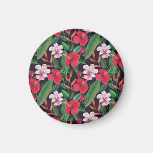 Imán hibiscos rojos, orquídeas, acuarela tropical.