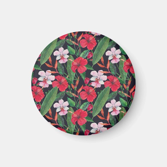 Imán hibiscos rojos, orquídeas, acuarela tropical. (Frente)