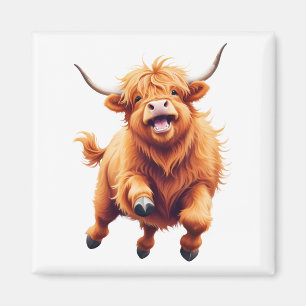 Imán Highland Cow Happy Playful Fun Saltando Al Aire