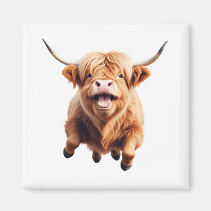 Imán Highland Cow Happy Playful Fun Saltando Al Aire