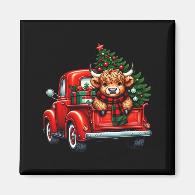 Imán Highland Cow In Truck Farm Farmer Christmas Cow Ca (Frente)
