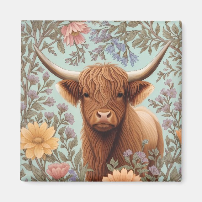 Imán Highland Cow Pastel William Morris Inspired Floral (Frente)