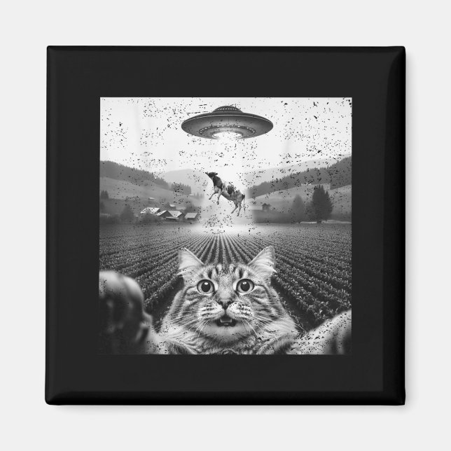 Imán Hilarious Cat Selfie Ufo Cow Abduction Alien Meme  (Frente)